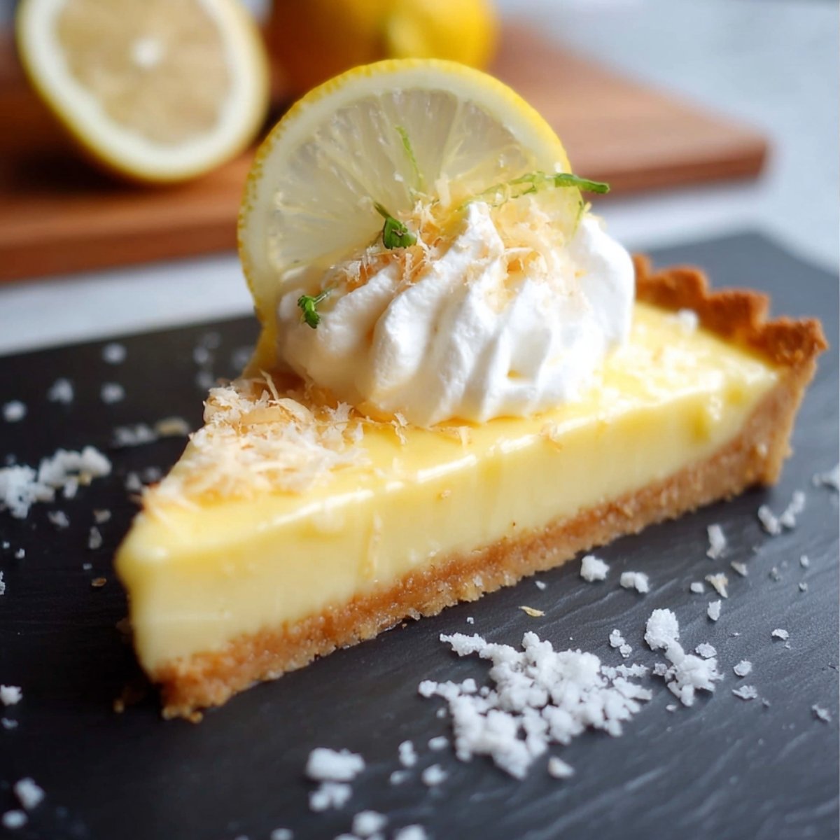 Homemade Lemon Cream Tart with golden crust, whipped cream, and lemon slice on top, on a dark slate board with bright natural light, homemade and fresh.