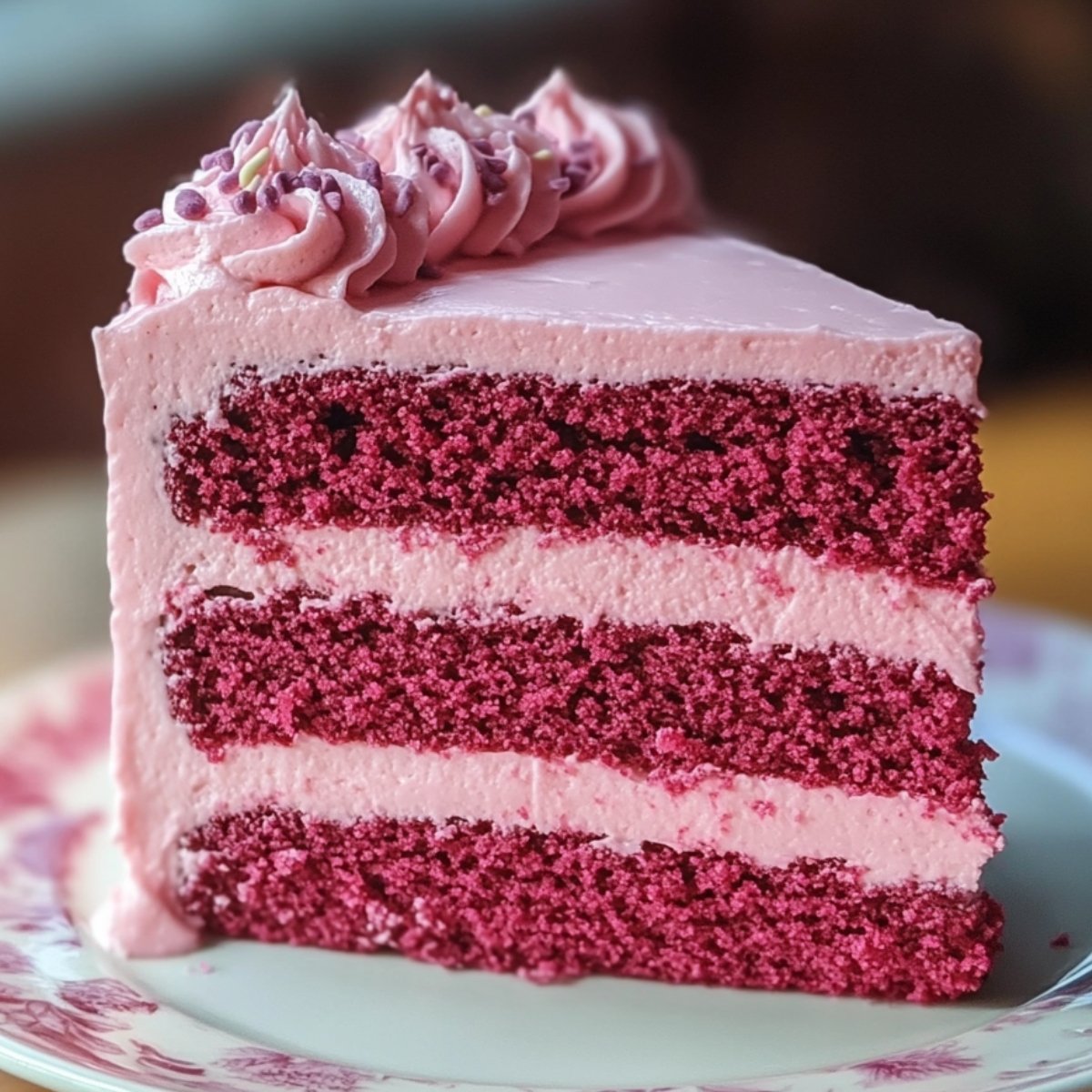 Homemade pink velvet cake slice with three moist pink-red layers and creamy pink frosting, topped with frosting swirls and a dusting of powdered sugar.