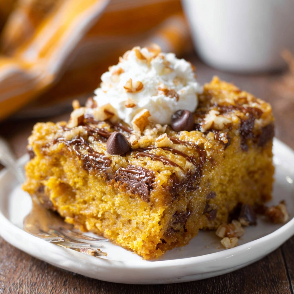 Homemade Pumpkin Earthquake Cake with whipped cream, chocolate chips, pecans, and caramel drizzle on a white plate.