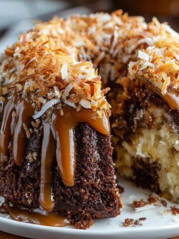 Homemade Samoa Bundt cake drizzled with caramel and topped with toasted coconut on a white plate.