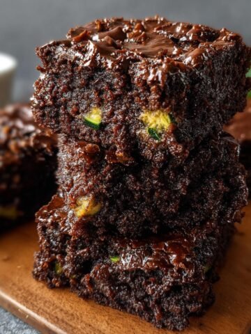 Homemade Zucchini Brownies Recipe drizzled with melted chocolate, showing a moist texture and tiny green zucchini flecks on a plate with a dark background.