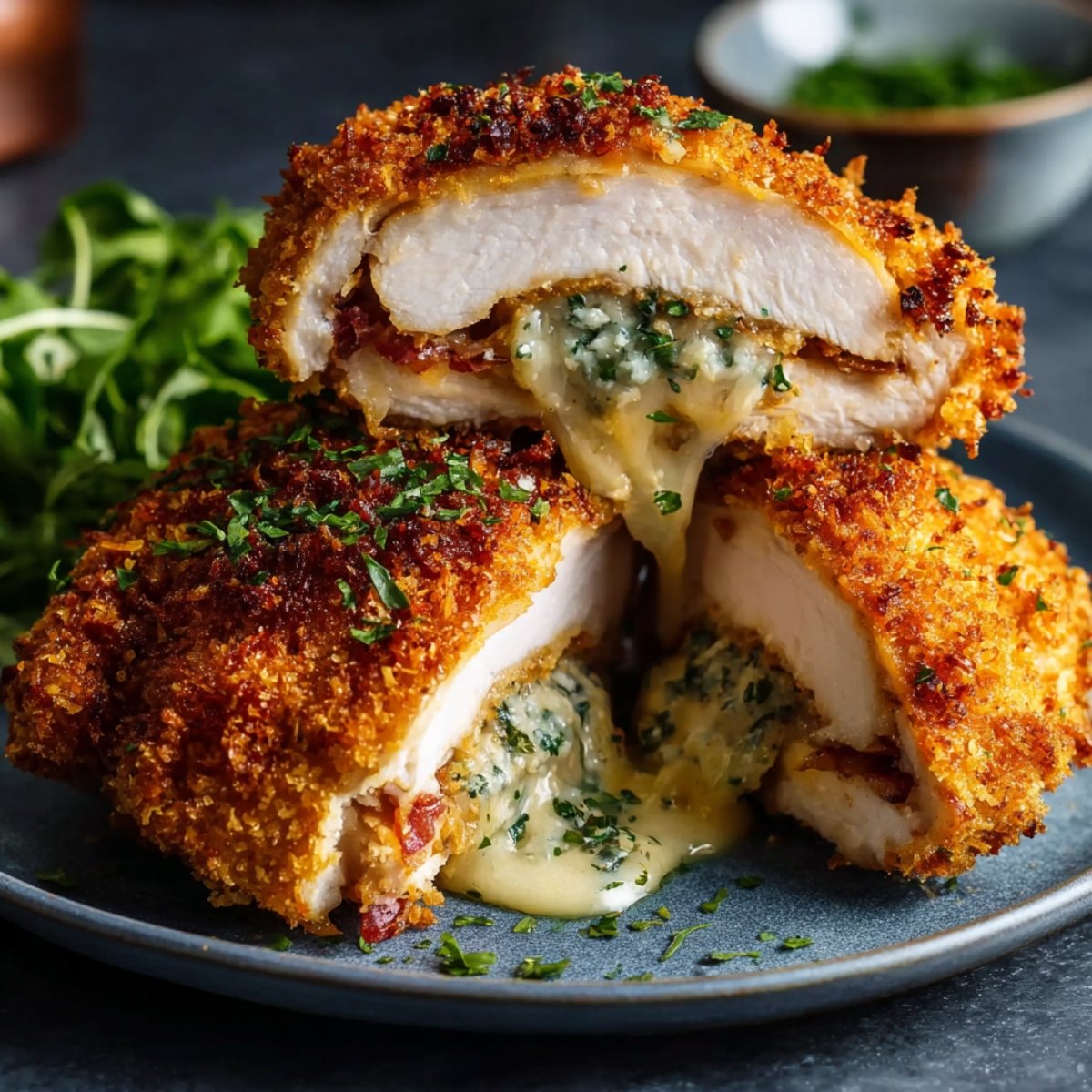 Crispy, golden-brown Chicken Kiev Recipe sliced open to reveal a juicy chicken breast stuffed with creamy garlic herb butter and melted cheese, oozing out. Garnished with fresh herbs and served with a side of arugula.