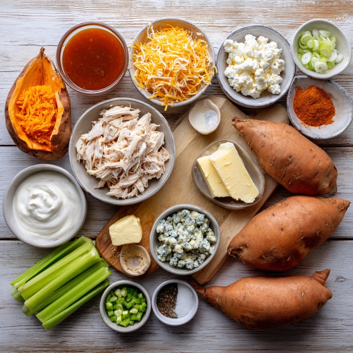 Overhead shot of fresh ingredients for buffalo chicken stuffed sweet potatoes on a rustic wooden table — sweet potatoes, shredded chicken, cheddar, cream cheese, blue cheese, butter, ranch, buffalo sauce, celery, green onions, and seasonings, all in small bowls with warm natural light.