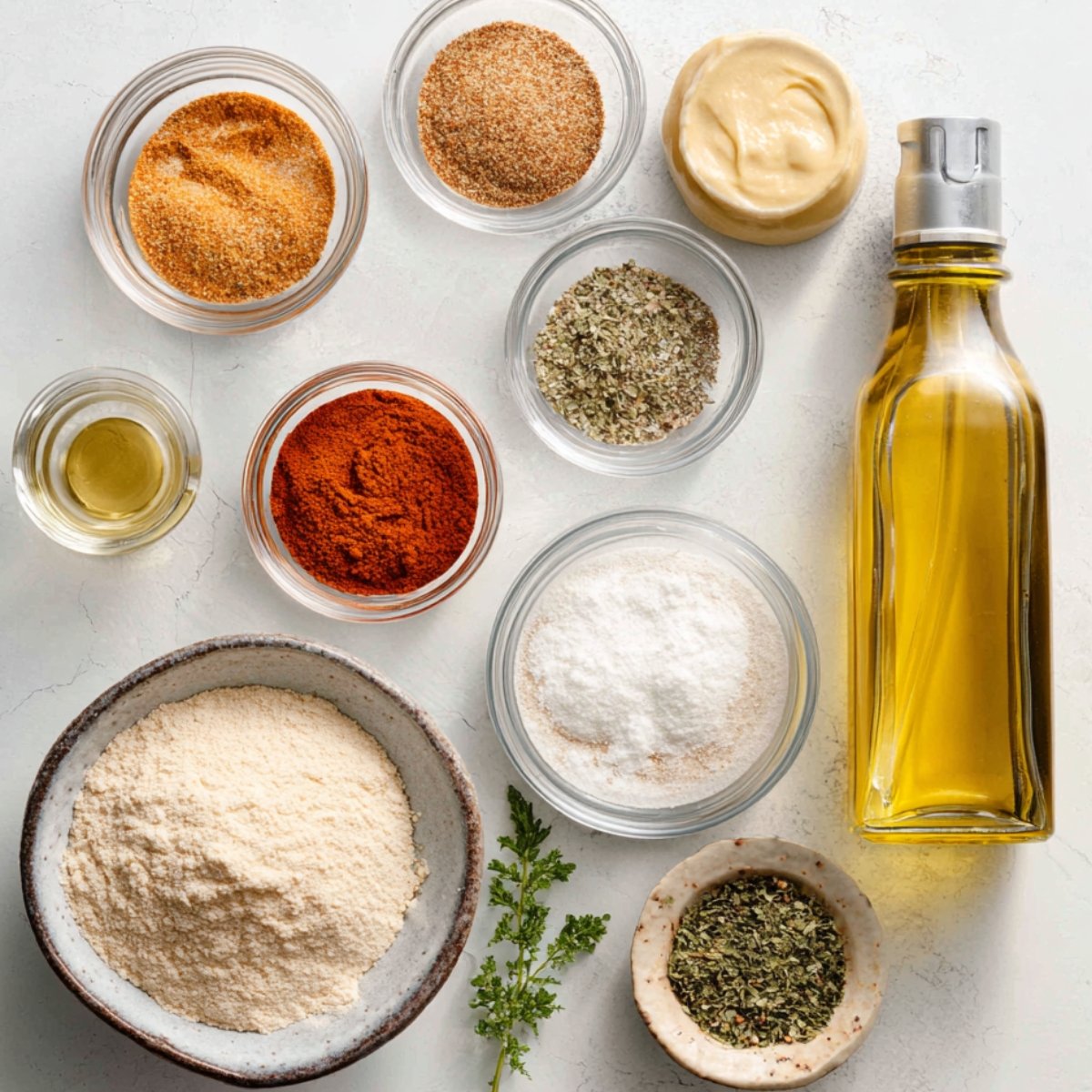 Flat lay of seasonings for Chicken Cordon Bleu Bites — paprika, garlic powder, onion powder, parsley, salt, Dijon mustard, Parmesan, and oil on a white surface.
