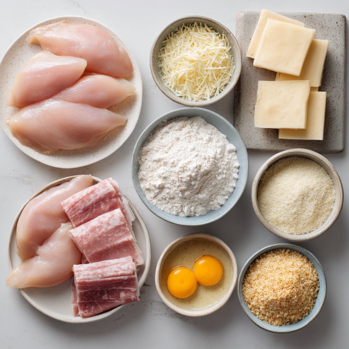 Flat lay of fresh ingredients for Chicken Cordon Bleu Bites — chicken breasts, ham, Swiss cheese, flour, breadcrumbs, Parmesan, and eggs on a white countertop.