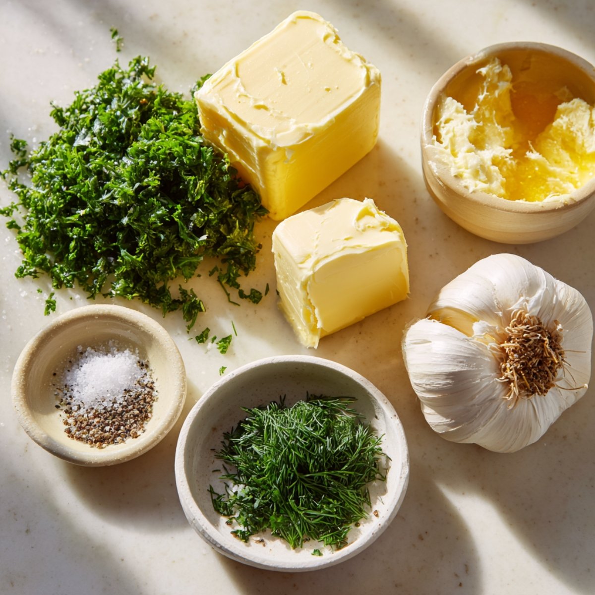 Fresh ingredients for homemade Chicken Kiev on a marble surface: blocks of butter, chopped parsley, dill, garlic, whipped butter, salt, and pepper, all lit by soft natural sunlight.