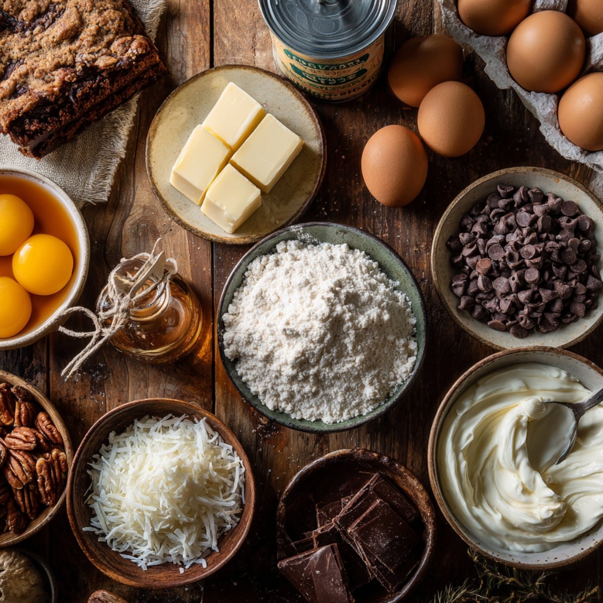 Homemade German Chocolate Cake Roll ingredients laid out on a rustic wooden table, including eggs, butter, sweetened condensed milk, flour, chocolate chips, coconut, pecans, vanilla, and chocolate — cozy, natural kitchen lighting.