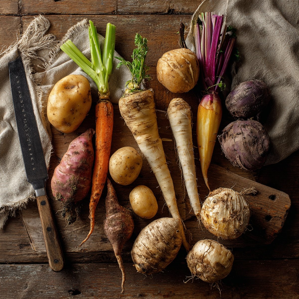 Rustic overhead view of assorted root vegetables — potatoes, carrots, parsnips, turnips, beets, rutabagas, and celeriac — on a wooden table with a kitchen knife and linen cloth, in warm natural light for a cozy homemade feel.