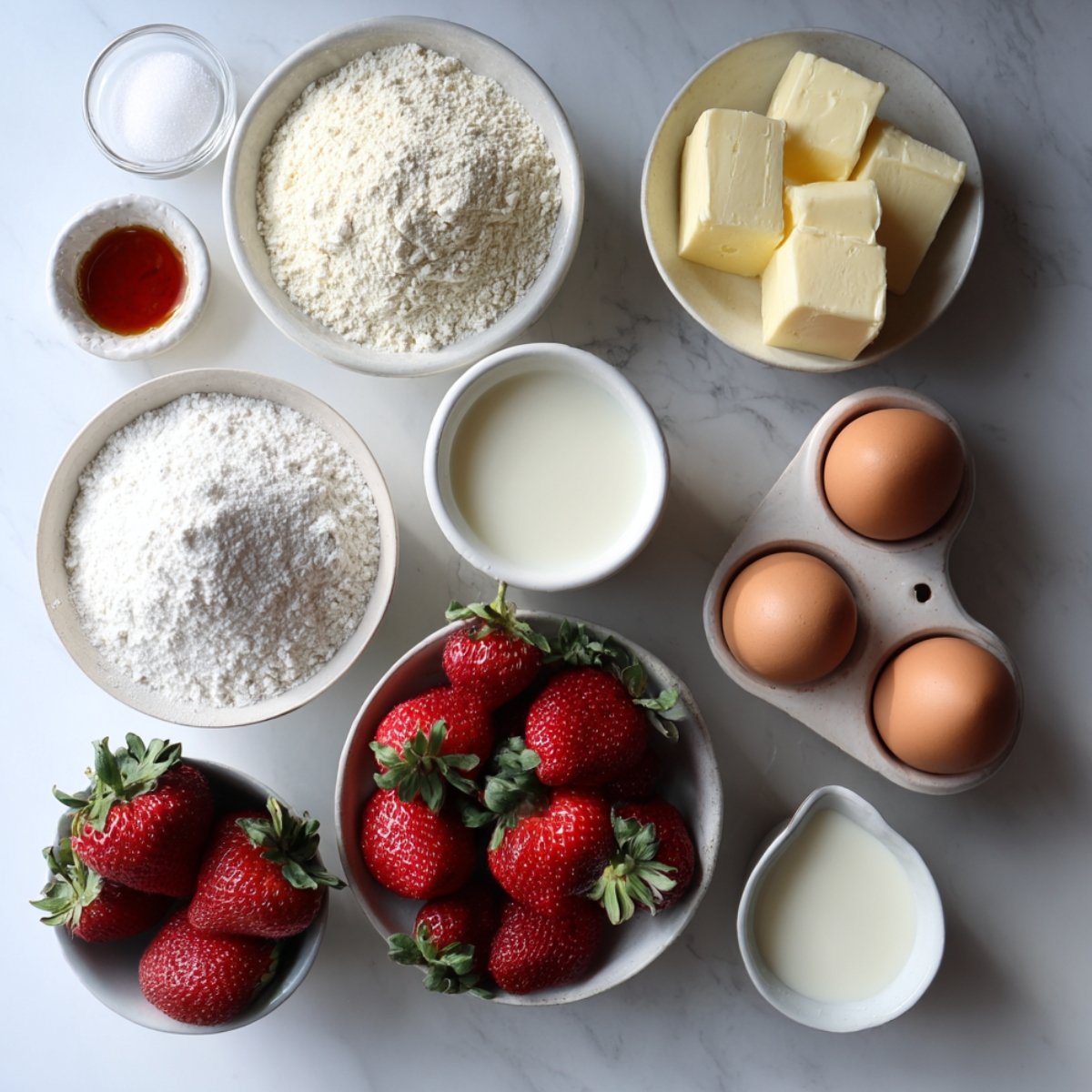Ingredients for strawberry cream cheese muffins arranged on a marble surface, including fresh strawberries, flour, sugar, butter, milk, eggs, and vanilla extract, giving a homemade, rustic feel.