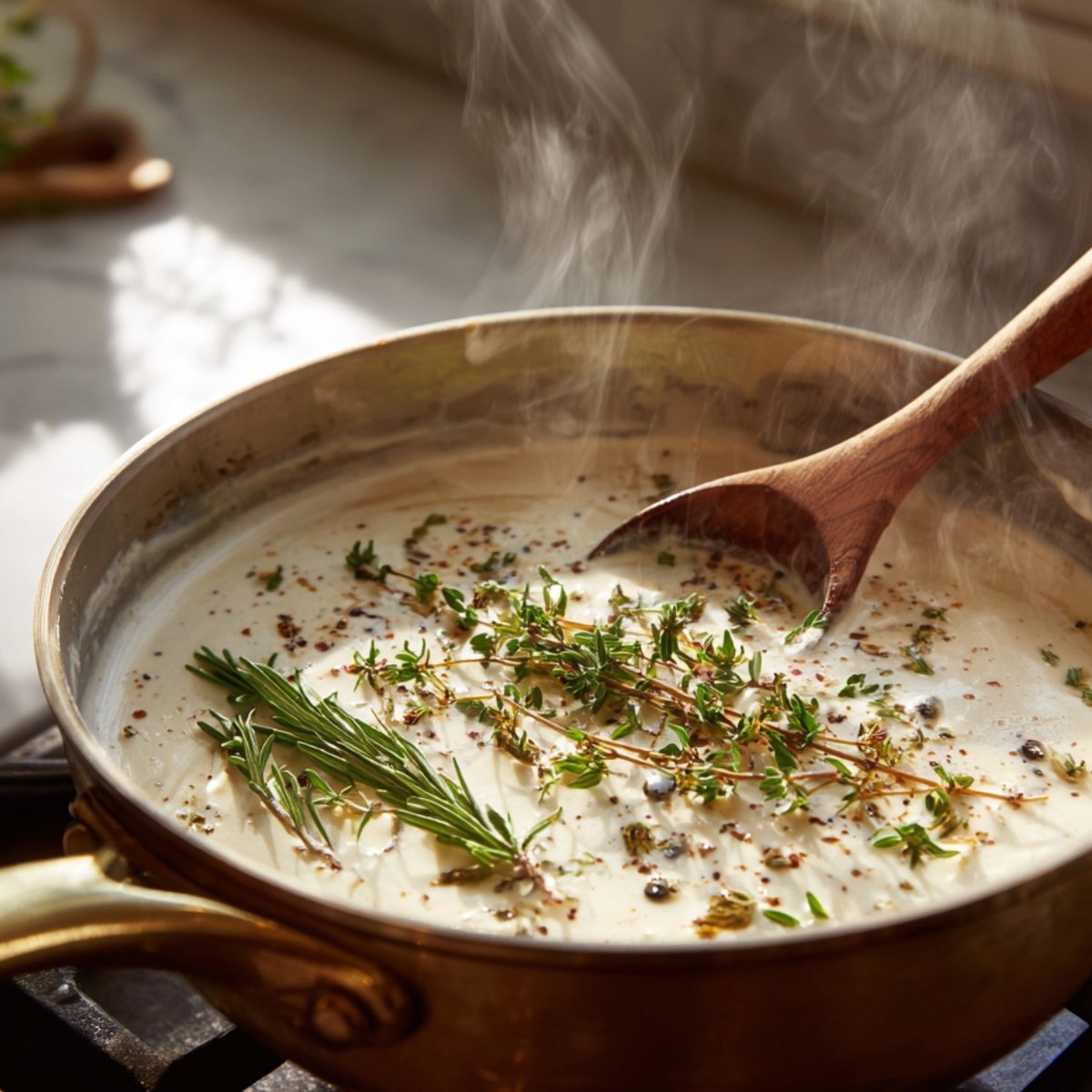 A saucepan of creamy garlic-herb sauce simmering on the stove, topped with sprigs of fresh thyme and rosemary, and stirred with a wooden spoon. Soft steam rises in warm natural kitchen light for a cozy homemade look.