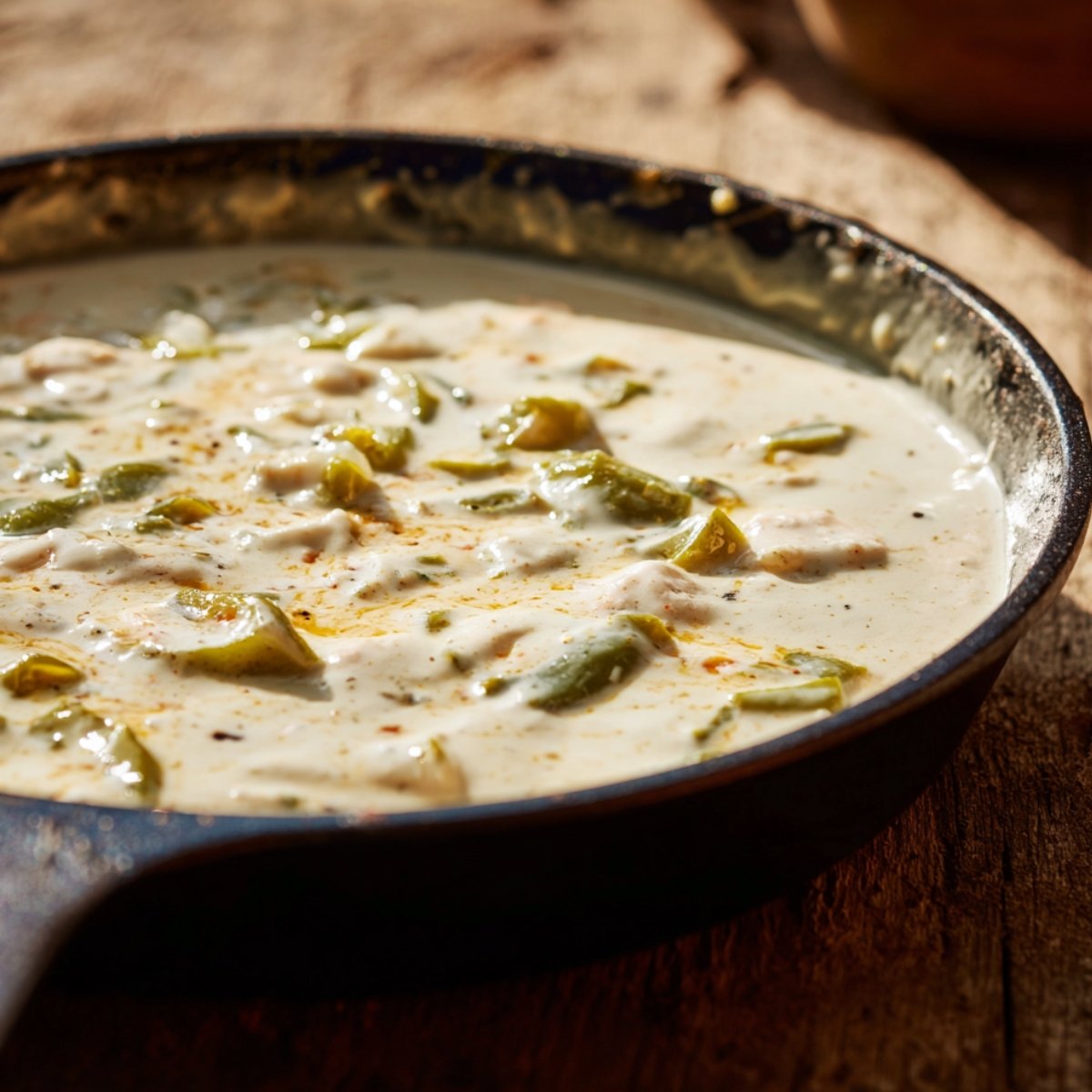 Creamy white sauce with green chiles simmering in a black skillet on a rustic wooden table.
