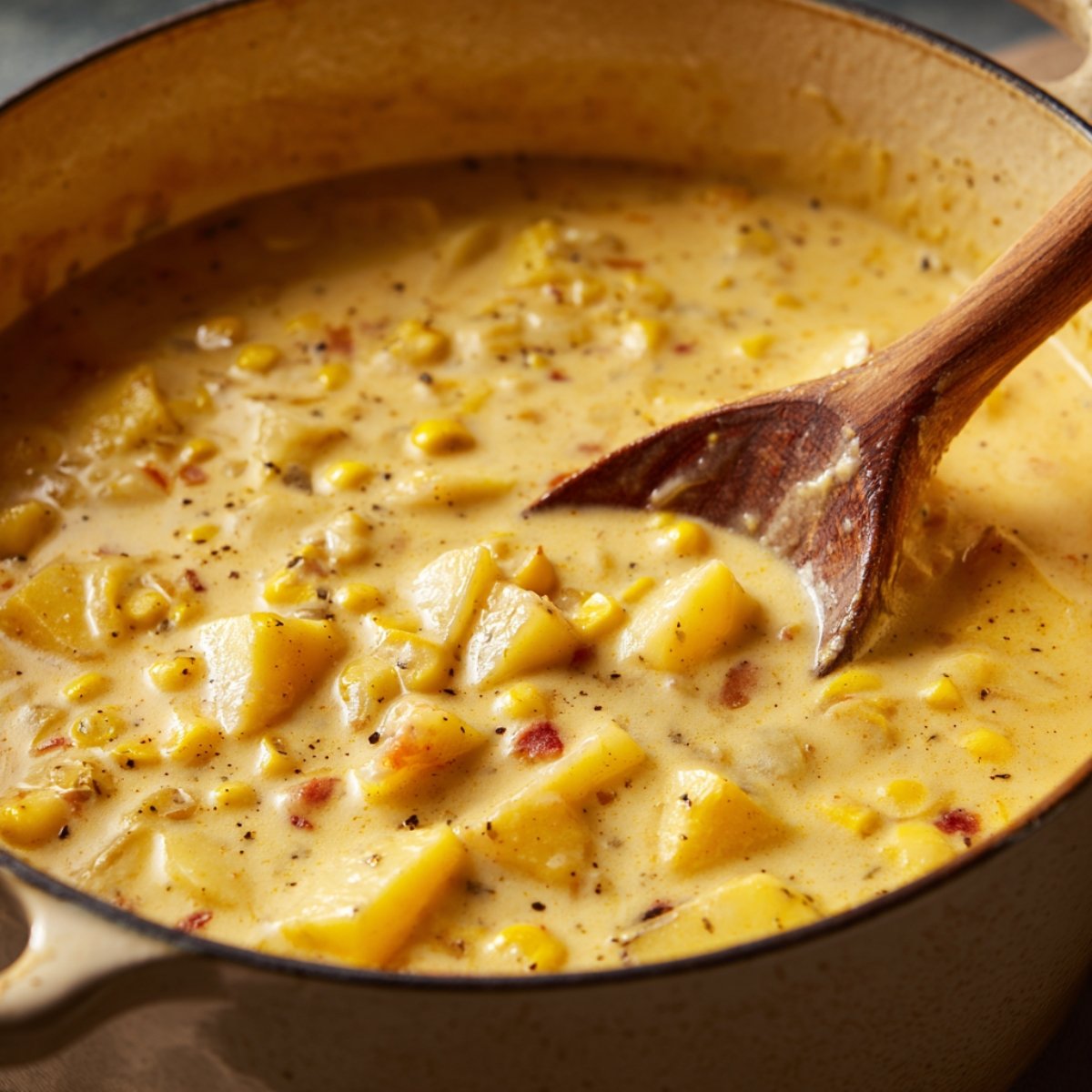 Close-up of a pot of creamy homemade corn chowder with chunks of potatoes, corn, and bacon in a thick, pepper-speckled broth. A wooden spoon stirs the hearty soup, giving a warm, cozy, freshly made look.