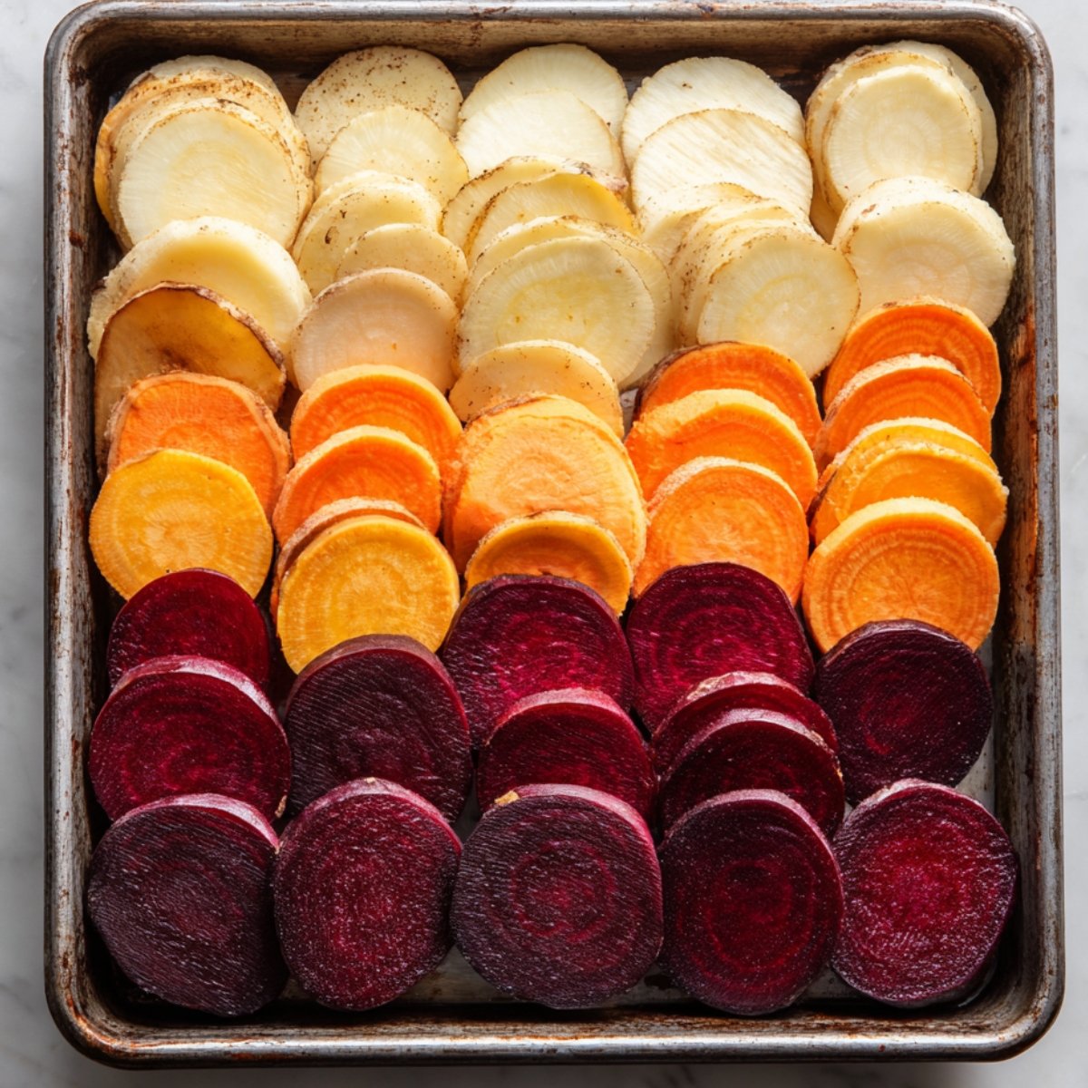 Overhead view of a rustic baking sheet with neat rows of sliced parsnips, sweet potatoes, and beets, ready for a homemade root veggie gratin. Warm natural light and a cozy kitchen feel.