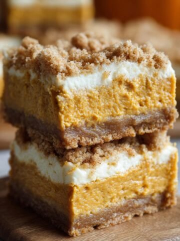 Pumpkin cheesecake bars with crumbly graham crust, creamy pumpkin and cheesecake layers, and cinnamon crumble topping on a wooden board.