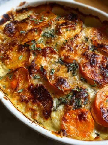 Overhead view of a golden, bubbling root veggie gratin in a white ceramic dish, topped with caramelized slices of sweet potatoes and potatoes, sprinkled with herbs and browned cheese for a cozy homemade look.