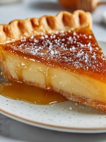 Salted Honey Pie with golden crust, creamy filling, and glossy honey topping on a speckled plate.