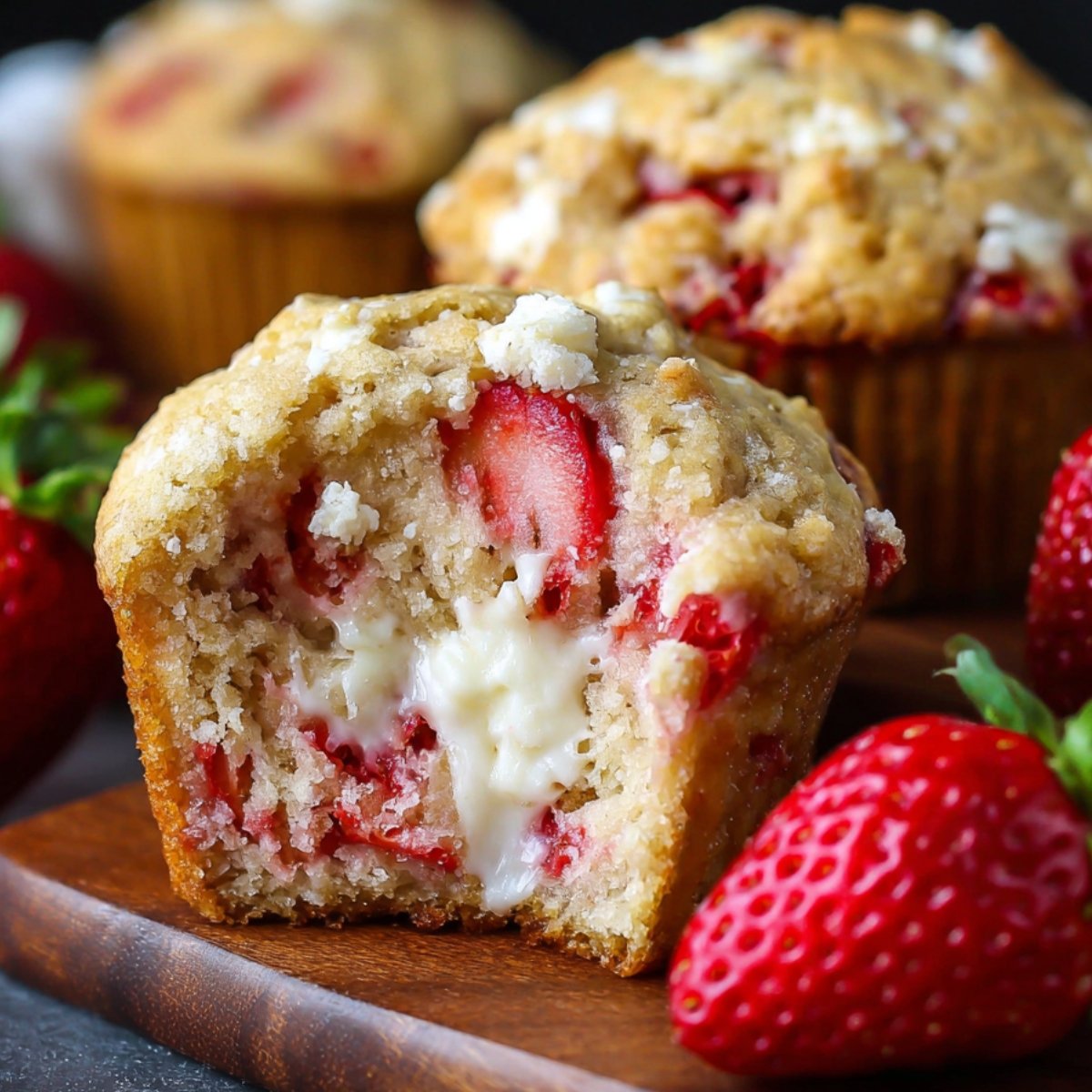 A close-up of a strawberry cream cheese muffin with a crumbly top, showing a bite taken out to reveal fresh strawberries and creamy filling inside, with a whole strawberry beside it