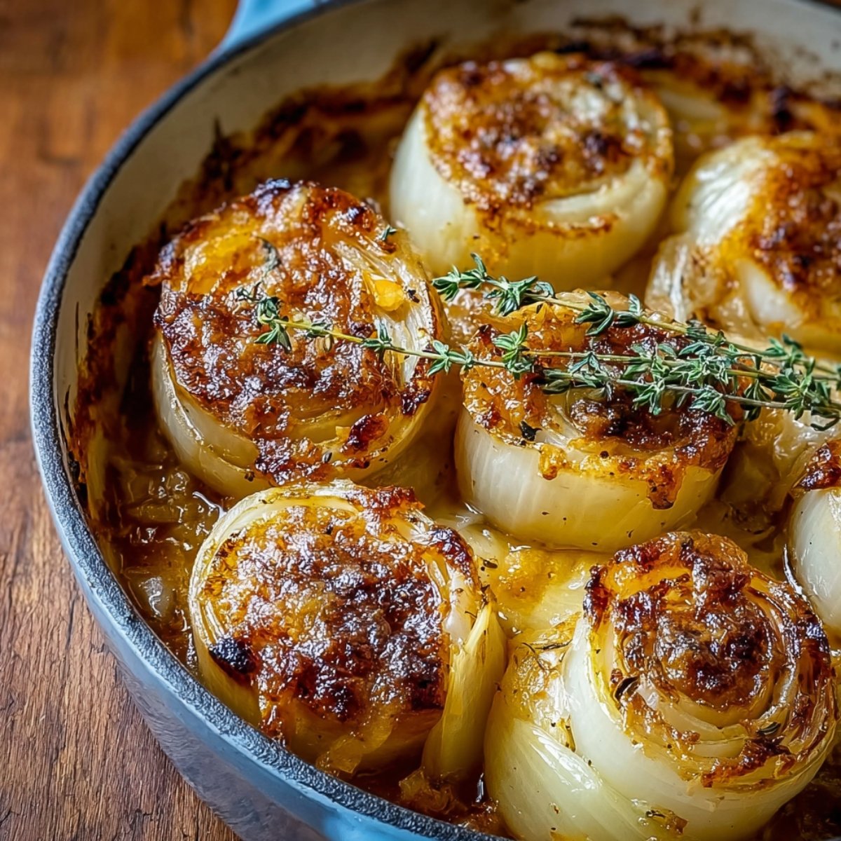 Golden-brown baked Tennessee onions in a blue dish topped with melted cheese and fresh thyme sprigs.