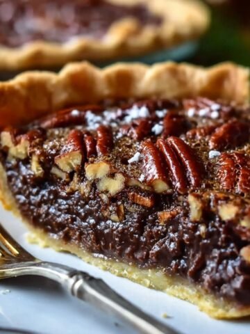 Texas Chocolate Pecan Pie on a gray plate, with a thick, glossy chocolate filling, toasted pecans on top, and a golden flaky crust dusted with a few flakes of salt.