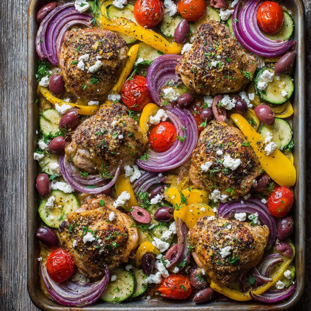 Homemade one-pan Mediterranean chicken roasted with vegetables, olives, and feta on a sheet pan.