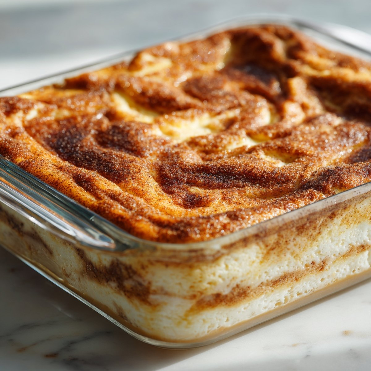 Homemade churro cheesecake in a glass baking dish with a golden-brown, cinnamon-sugar crust, showing creamy cheesecake layers beneath, baked to perfection in warm natural light.