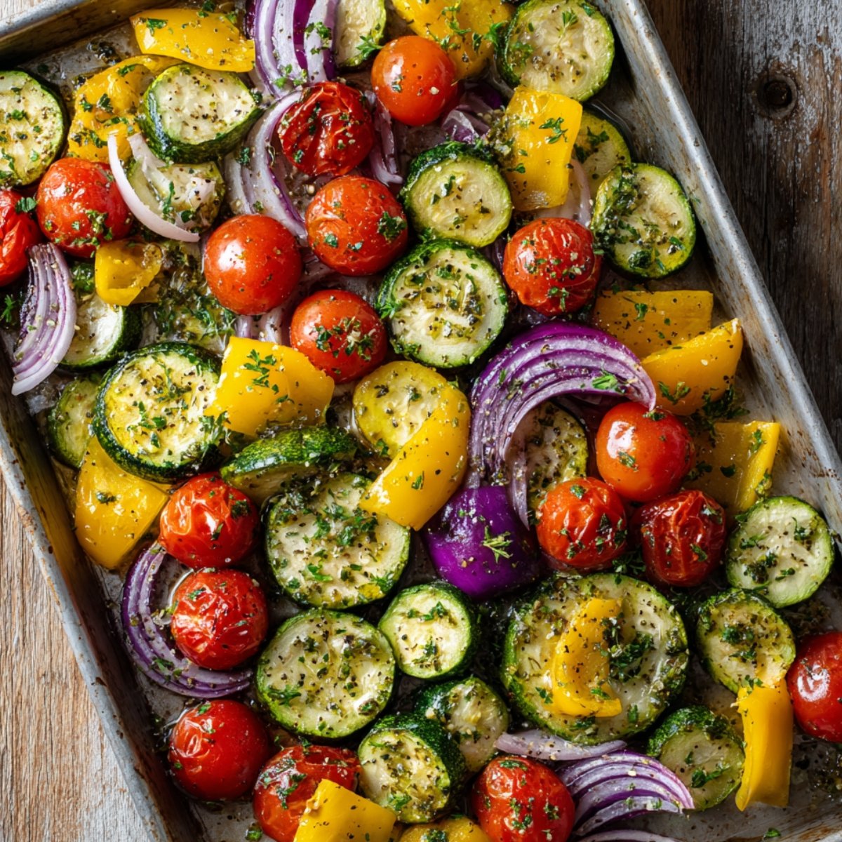 Fresh zucchini, tomatoes, yellow peppers, and red onions tossed with herbs and olive oil on a sheet pan.