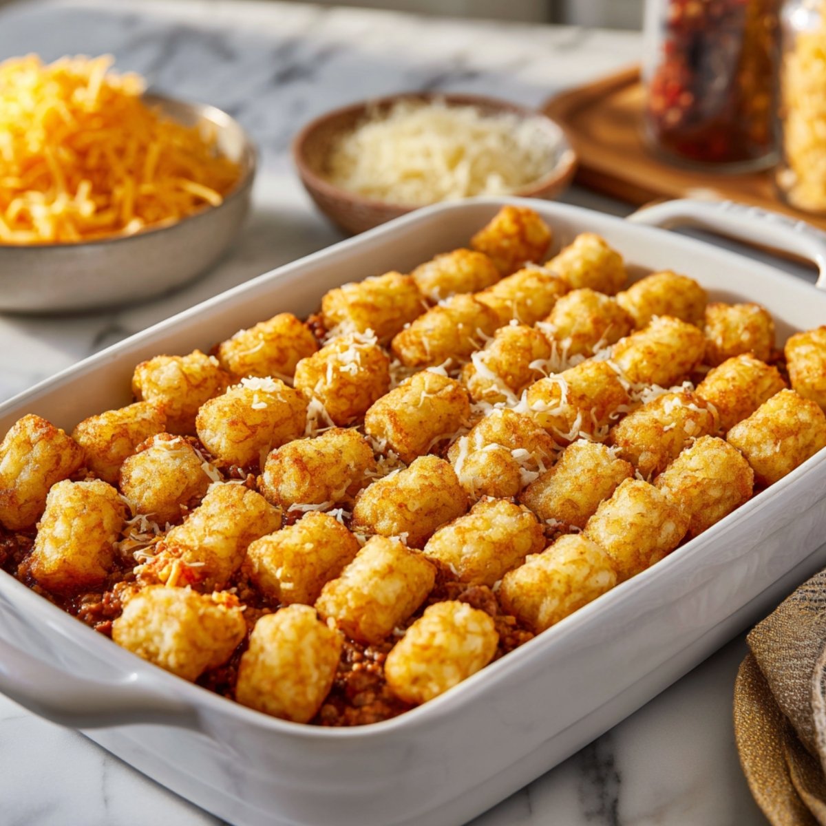 A white baking dish filled with a layer of golden tater tots neatly arranged over a hearty chili base, ready to bake for a homemade chili cheese tater tot casserole.
