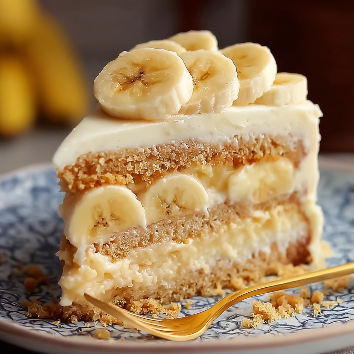 Banana Pudding Cake layered with fresh banana slices and creamy filling, topped with sliced bananas, sitting on a blue patterned plate with a gold fork and scattered crumbs.