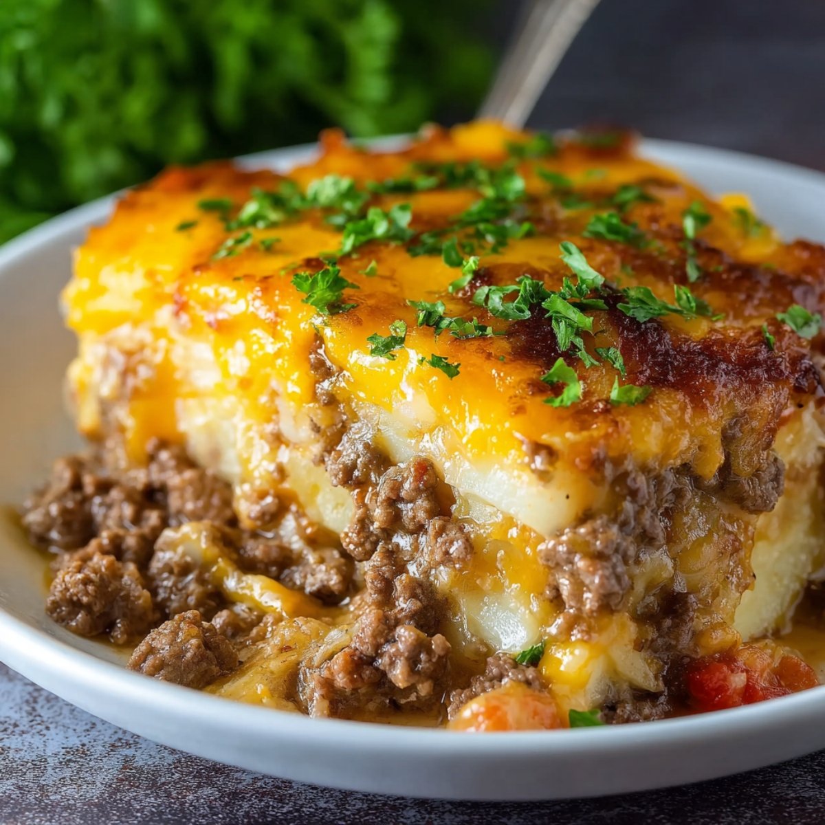 Best Hobo Casserole Ground Beef made with layers of ground beef, sliced potatoes, and melted cheddar cheese, baked to golden perfection and topped with fresh parsley, served on a white plate with a hearty, comforting, and realistic homemade look.