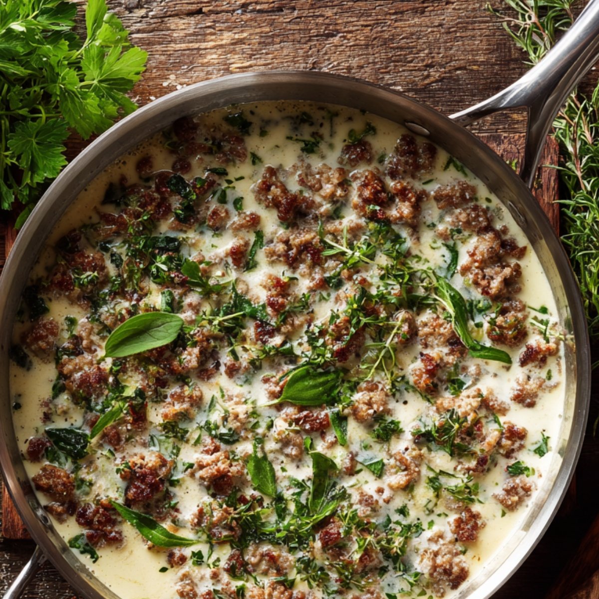 Italian sausage simmering in a creamy herb sauce in a stainless-steel skillet.