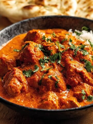 A bowl of creamy homemade butter chicken served with fluffy white basmati rice and topped with fresh cilantro, with warm naan bread in the background.