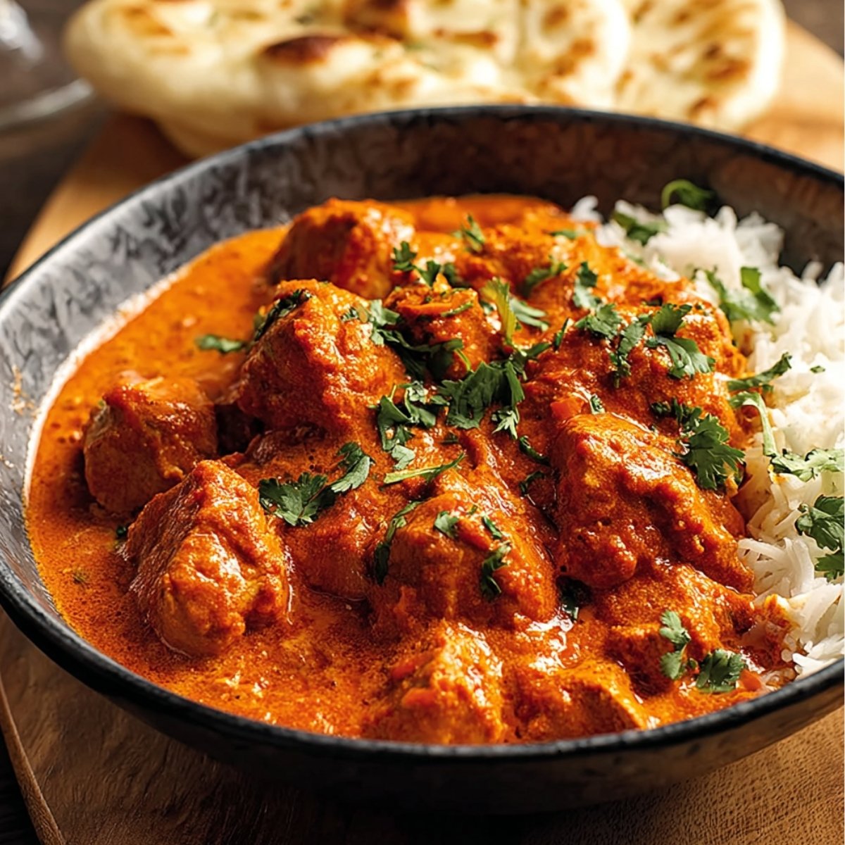 A bowl of creamy homemade butter chicken served with fluffy white basmati rice and topped with fresh cilantro, with warm naan bread in the background.