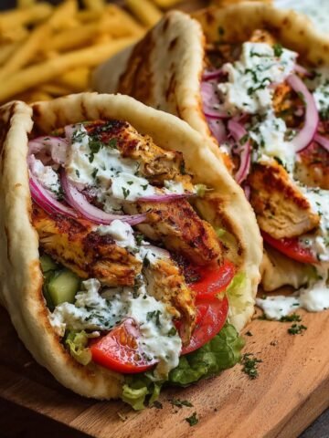Chicken Gyro wrapped in warm pita and filled with grilled chicken, fresh vegetables, and tzatziki, served on a wooden board.