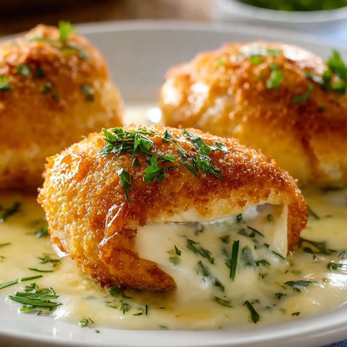 Chicken Pillows with a crispy golden coating, oozing creamy herb filling onto the plate, topped with fresh chopped parsley.