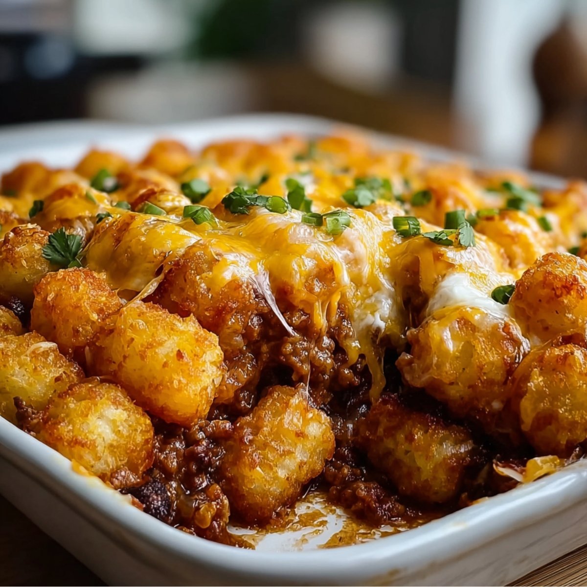 Chili Cheese Tater Tot Casserole in a white baking dish, topped with melted cheddar cheese, crispy golden tater tots, and fresh chopped green onions.