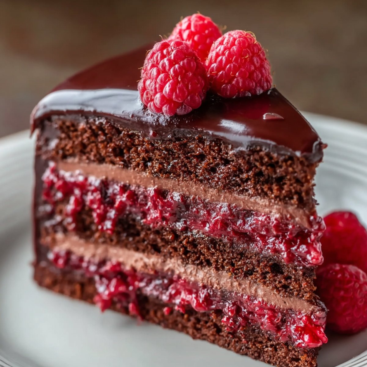 Homemade chocolate raspberry layer cake slice with glossy chocolate ganache, rich cocoa sponge, and bright raspberry filling topped with fresh raspberries on a white plate.
