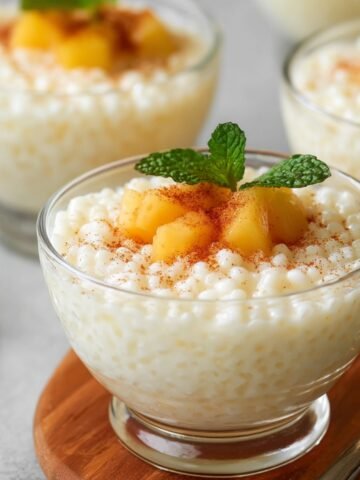 A glass bowl of creamy coconut tapioca pudding topped with diced fruit, a sprinkle of cinnamon, and a fresh mint sprig, with more bowls in the background.