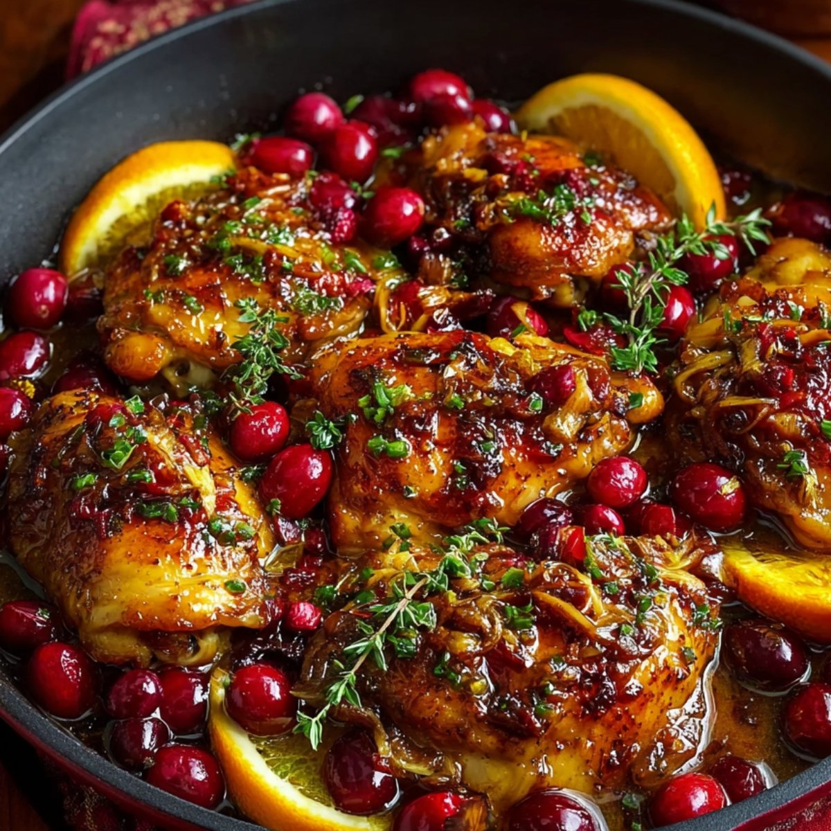 Cranberry Orange Chicken thighs simmering in a skillet with fresh cranberries, orange slices, and herbs in a glossy caramelized sauce.