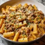 Creamy Italian Sausage Rigatoni topped with fresh parsley and grated cheese.