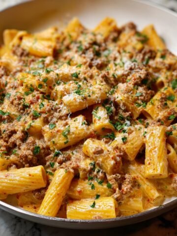 Creamy Italian Sausage Rigatoni topped with fresh parsley and grated cheese.