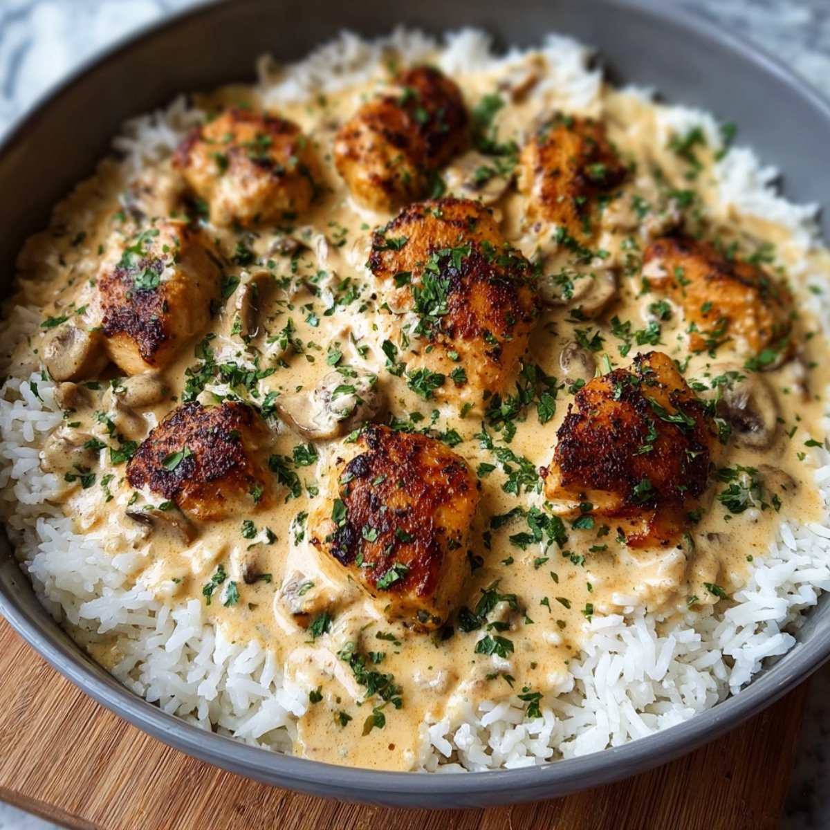 Creamy Smothered Chicken and Rice served in a gray bowl, with golden-brown seared chicken pieces coated in rich creamy gravy over fluffy white rice, sprinkled generously with chopped fresh parsley for a comforting southern-style meal.