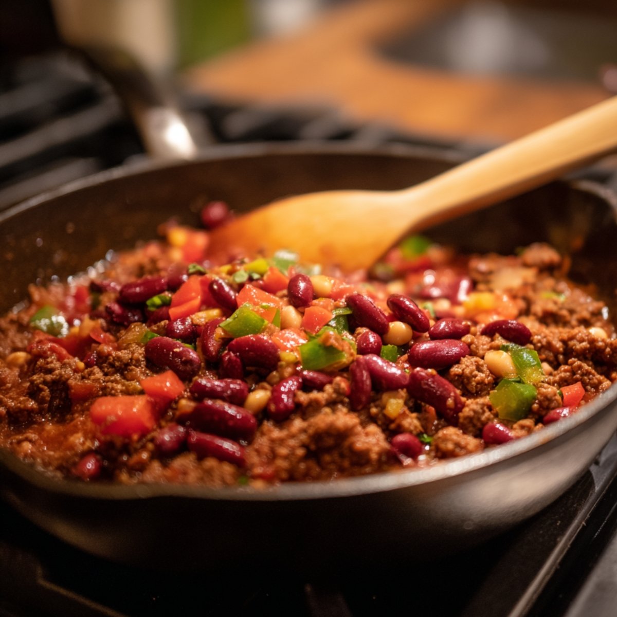 Ground beef chili mixture simmering in a skillet with kidney beans, diced tomatoes, corn, and green peppers, stirred with a wooden spoon for a homemade chili cheese tater tot casserole.