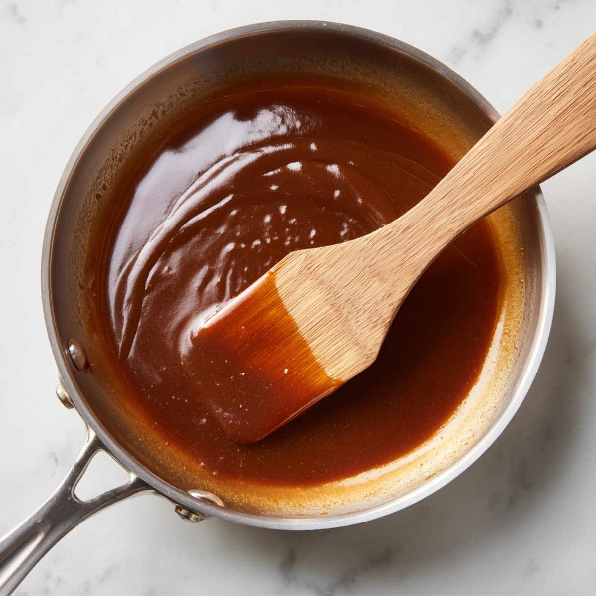 Homemade honey garlic sauce being stirred in a stainless-steel pan with a wooden spatula.