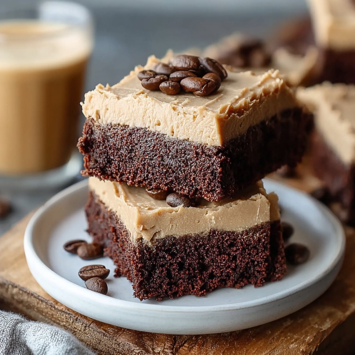 Two homemade frosted coffee brownies stacked on a white plate, topped with glossy coffee buttercream and whole espresso beans, showing a rich fudgy chocolate base and creamy coffee frosting, with a blurred glass of iced coffee in the background for a cozy, real kitchen feel.