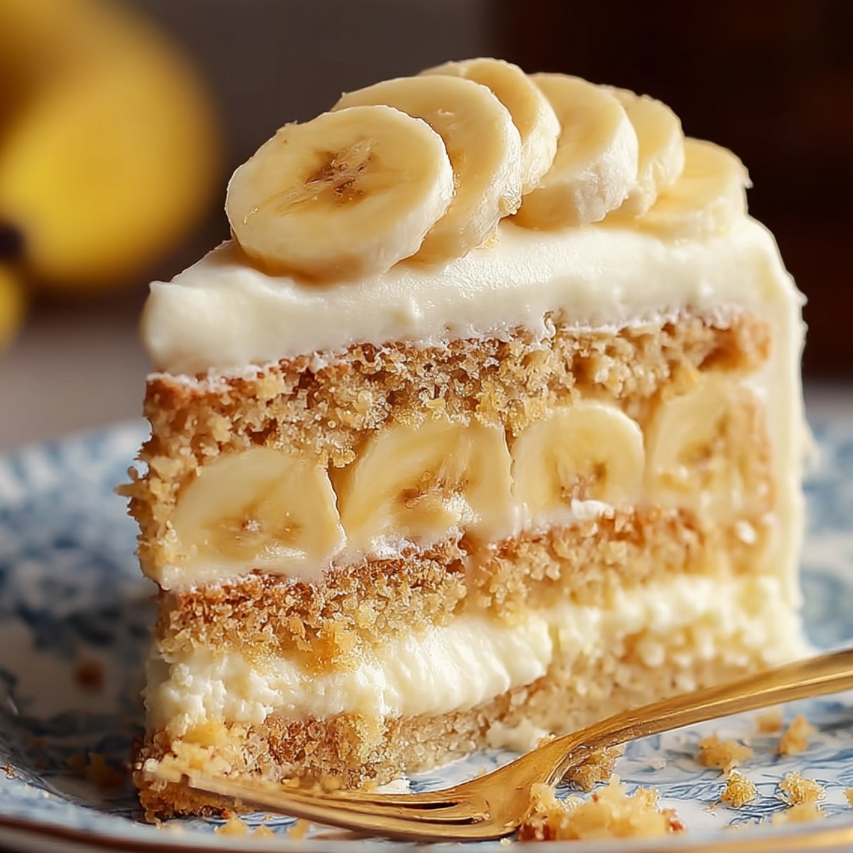 Easy Banana Pudding Cake Recipe with thick layers of vanilla cream and fresh banana slices, topped with a row of sliced bananas, sitting on a blue floral plate with a gold fork.
