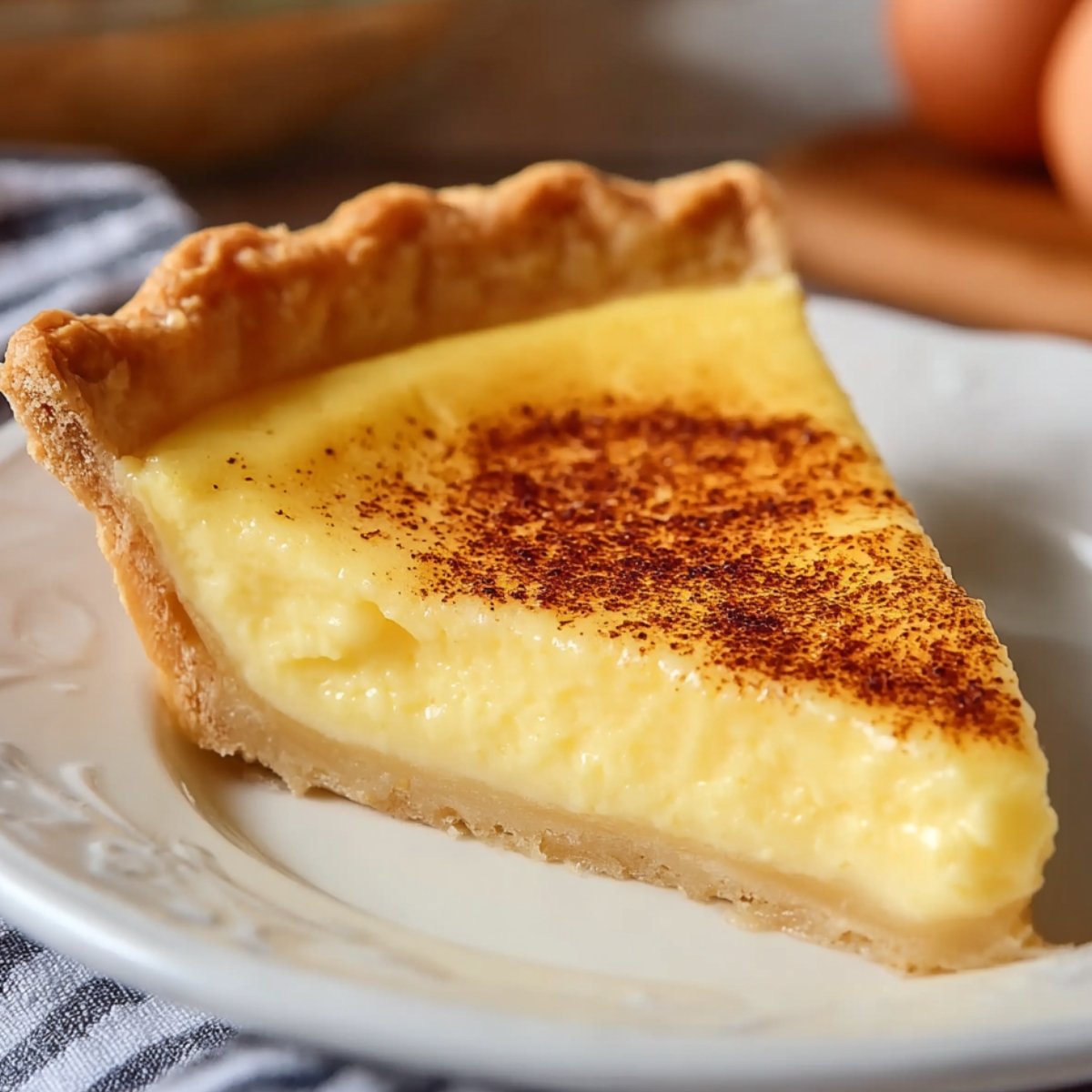 Close-up of a homemade egg custard pie slice on a vintage white and gray patterned plate, showing a smooth, creamy yellow custard filling topped with a golden-brown nutmeg-speckled surface and a flaky, buttery pie crust edge, softly lit on a wooden table with a blurred background for a warm, inviting kitchen feel.