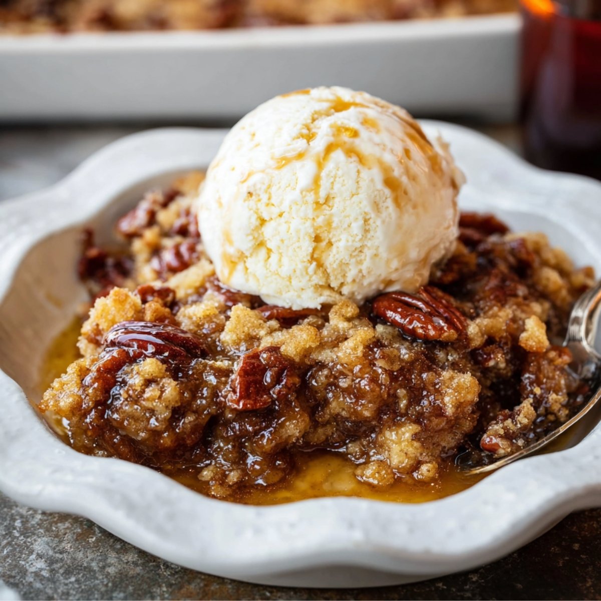 A warm homemade pecan pie cobbler topped with a scoop of vanilla ice cream and caramel drizzle, served in a white scalloped dish.