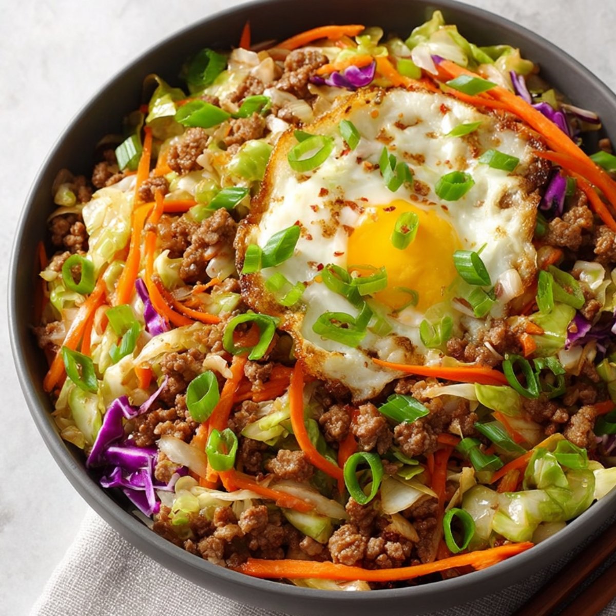 Egg Roll in a Bowl Recipe with ground pork, sautéed cabbage and carrots, and a fried sunny-side-up egg topped with green onions and sesame seeds.