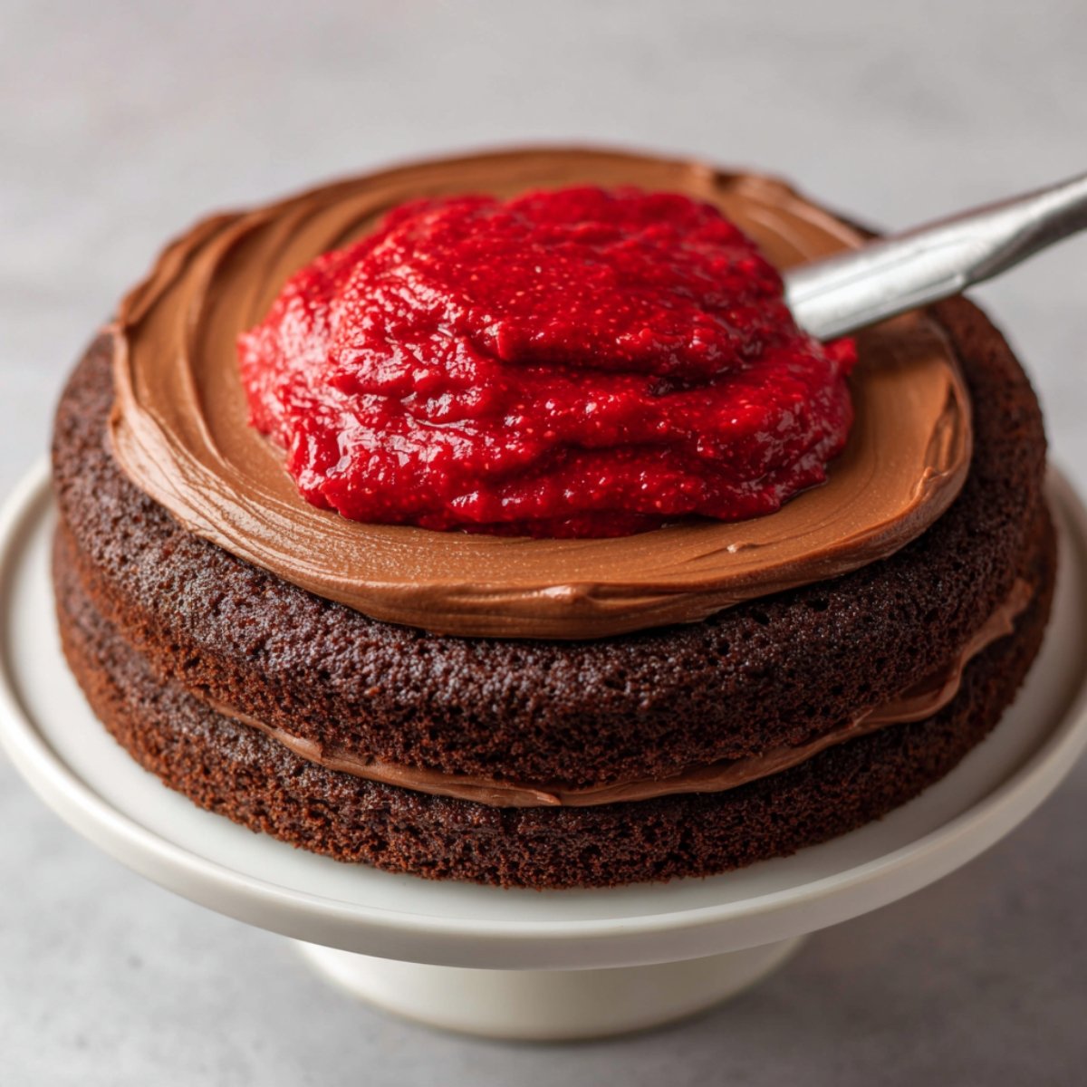 Homemade chocolate layer cake being assembled with creamy chocolate frosting and fresh raspberry filling spread on top of the second layer.