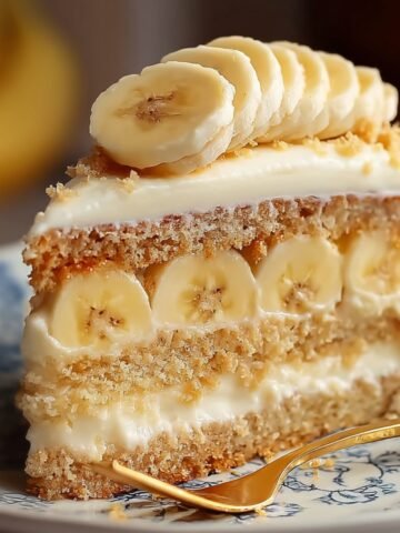 Homemade Banana Pudding Cake with creamy layers and fresh banana slices, topped with sliced bananas, sitting on a blue patterned plate beside a gold fork.